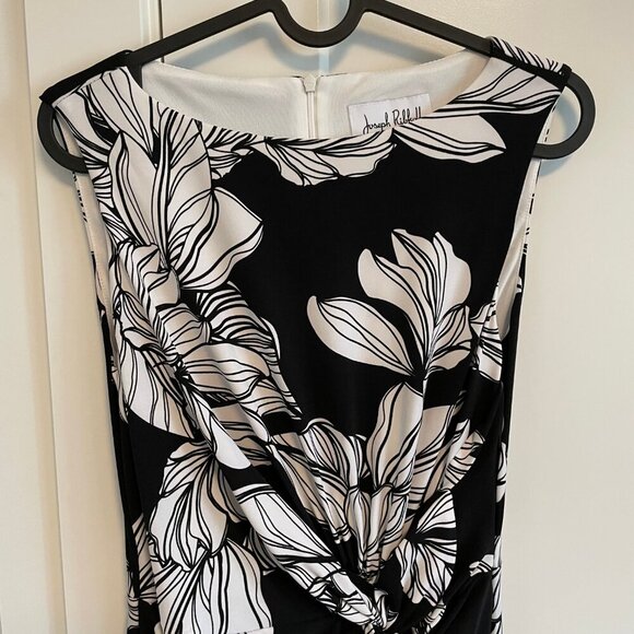 Joseph Ribkoff Slvless Boat Neck Floral Faux Wrap Lined Midi Dress Blk Wht Sz 4 - Picture 4 of 10
